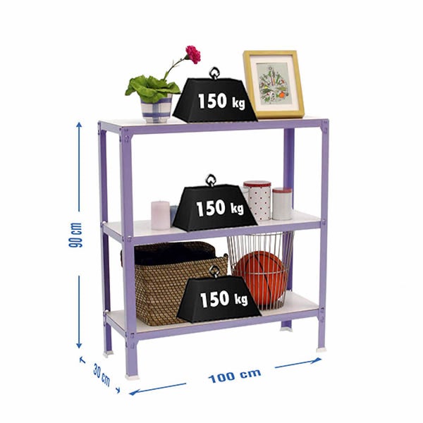 Violettes Metallregal mit 3 Böden, Tragkraft 150 Kilogramm pro Boden. Maße 100 Zentimeter Breite mal 90 Zentimeter Höhe mal 30 Zentimeter Tiefe.
