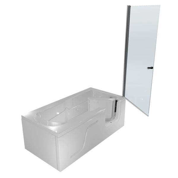 Sitzbadewanne mit Tür und integriertem Duschaufsatz aus Glas für barrierefreies Baden und Duschen.