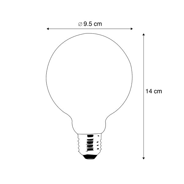 Skizze einer runden Globelampe mit einem Durchmesser von 9,5 Zentimetern und einer Gesamthöhe von 14 Zentimetern.