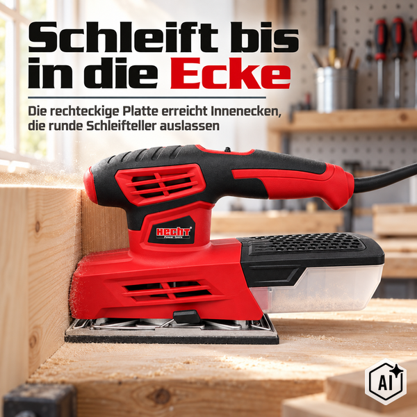 Hecht Schwingschleifer mit rechteckiger Schleifplatte für Arbeiten in Ecken und an Holzkanten in einer Werkstattumgebung
