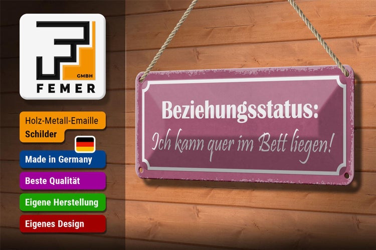 Blechschild Spruch 27x10cm Beziehungsstatus quer im Bett Dekoration