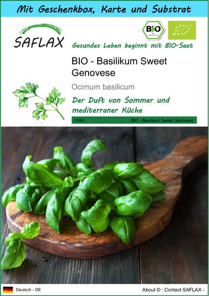 SAFLAX Geschenk Set - BIO - Basilikum Sweet Genovese - Ocimum basilicum - 800 Samen - Mit Geschenkbox, Versandaufkleber, Geschenkkarte und Anzuchtsubstrat