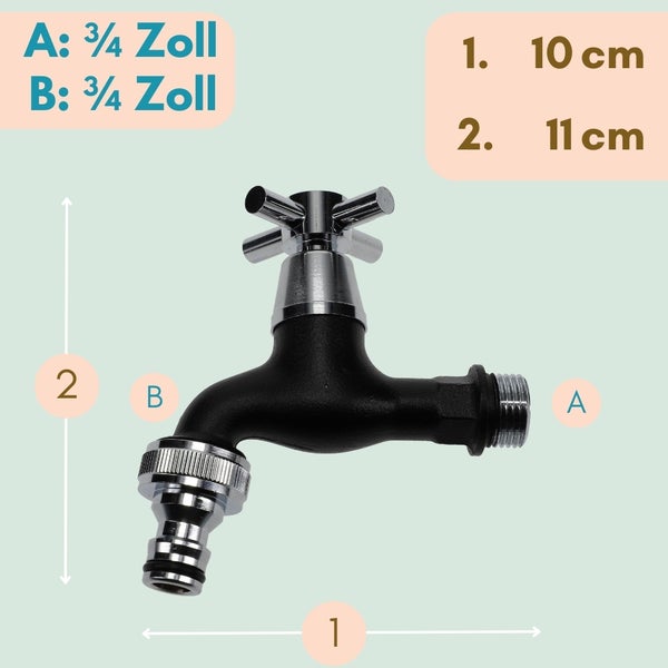 Wasserhahn mit 3/4-Zoll-Anschluss und den Maßen 10 cm und 11 cm
