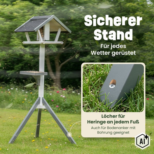 Vogelhaus mit Stativ auf einer Wiese, Detailaufnahme zeigt Bodenanker für einen sicheren Stand bei Wind.
