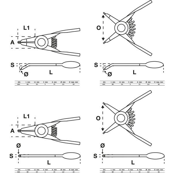 Technische Zeichnung einer Sprengringzange mit Maßangaben