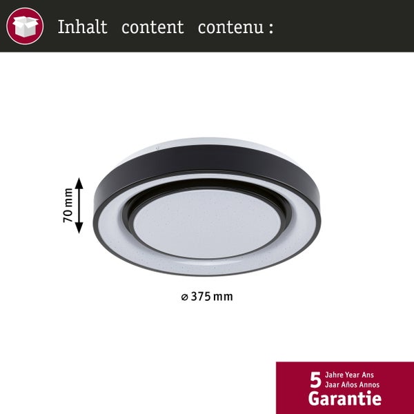 Runde LED-Deckenleuchte mit 375 Millimeter Durchmesser und 70 Millimeter Höhe. 5 Jahre Garantie.