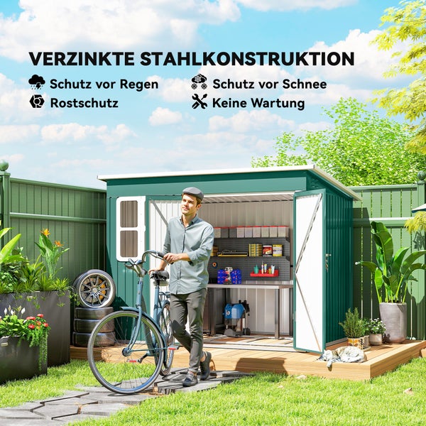 Wartungsfreies Gerätehaus aus verzinktem Stahl mit Pultdach, wetterfest und rostgeschützt, davor ein Mann mit Fahrrad, Innenraum mit Regalen.