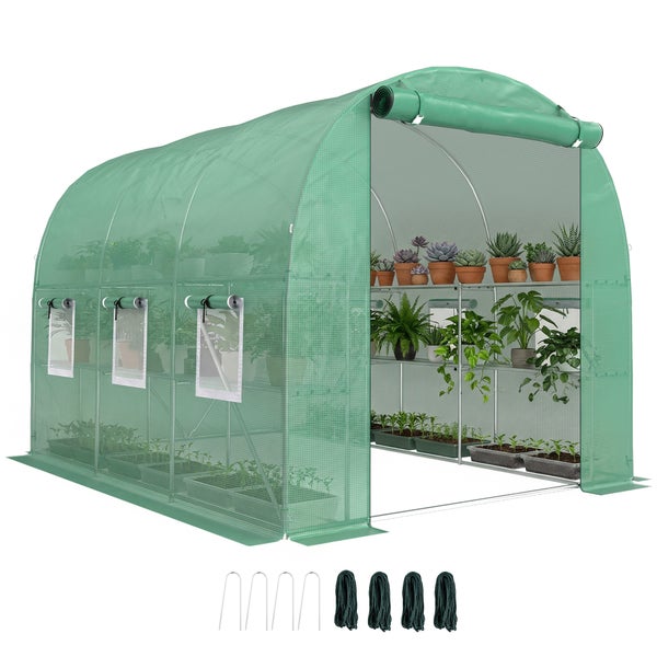 Grünes Folientunnel-Gewächshaus mit verzinktem Metallrahmen, Gitterfolie, Regalen, Roll-Up-Tür und Fenstern, inklusive Heringen und Seilen.