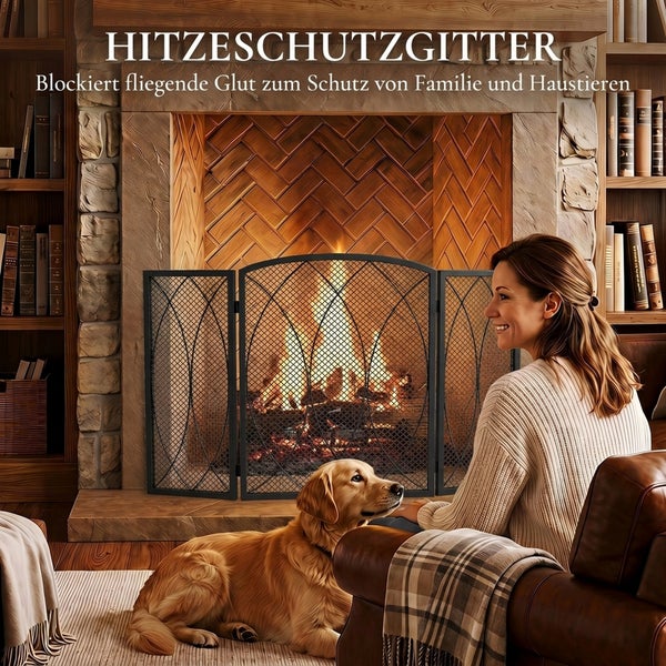 Dreiteiliges Hitzeschutzgitter vor einem Kamin mit brennendem Feuer, schützt Familie und Haustiere vor fliegender Glut.
