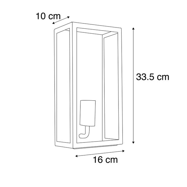 Technische Zeichnung einer rechteckigen Außenwandleuchte mit den Maßen: Höhe 33,5 Zentimeter, Breite 16 Zentimeter und Tiefe 10 Zentimeter.