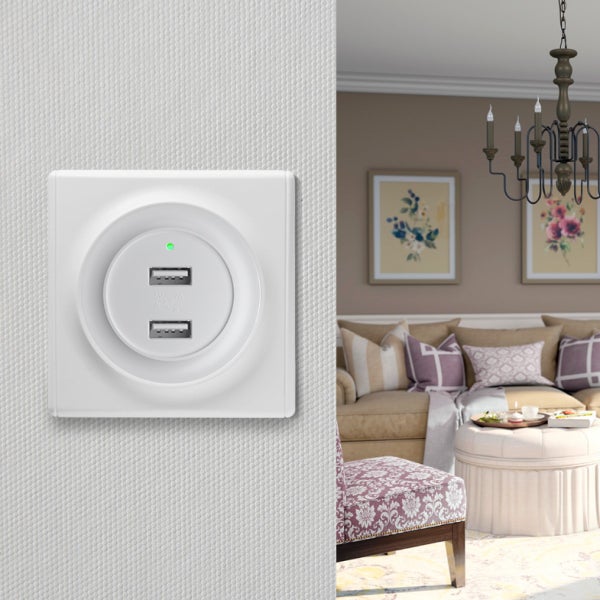 Wandsteckdose mit zwei USB Anschlüssen installiert auf einer strukturierten Wand vor einem eingerichteten Wohnzimmer mit Kronleuchter