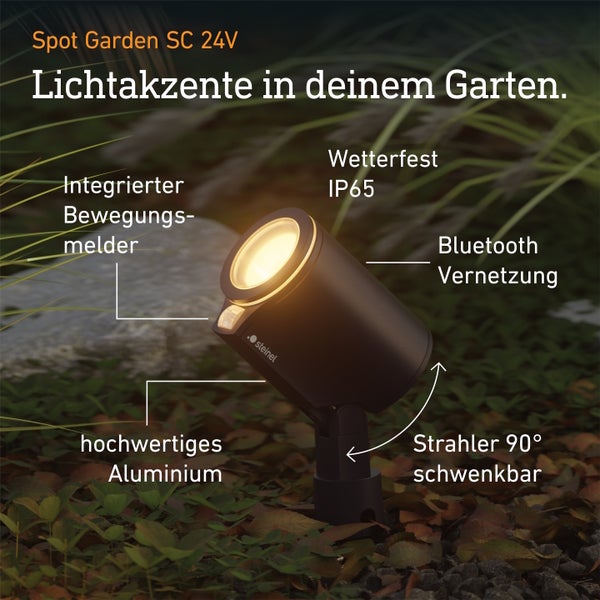 Steinel Spot Garden SC 24V Außenstrahler aus Aluminium mit Bewegungsmelder, Bluetooth, Schutzart IP65 und 90 Grad schwenkbar.