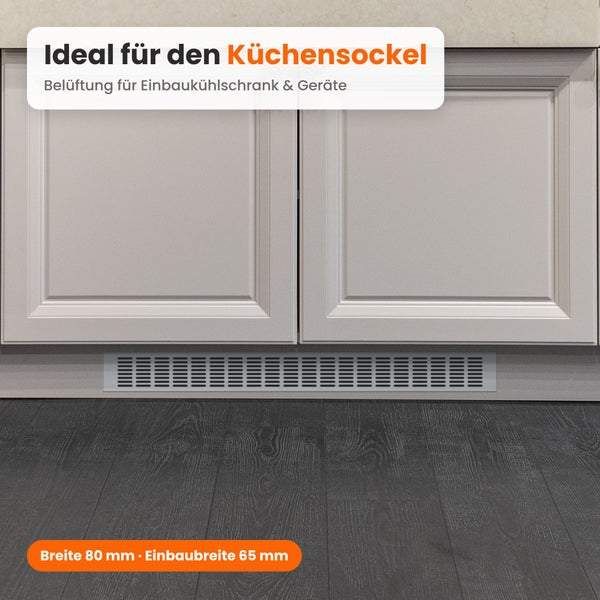 Lüftungsgitter für den Küchensockel zur Belüftung von Einbaukühlschränken und Geräten mit 80 Millimeter Breite und 65 Millimeter Einbaubreite.