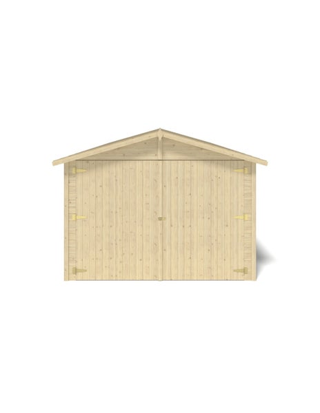 Holzgarage mit Doppeltür und Satteldach.