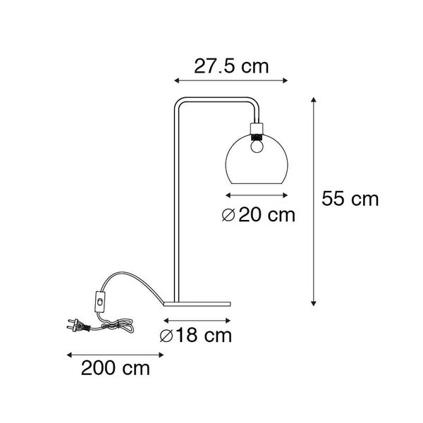 Maße Tischleuchte: Höhe 55 Zentimeter, Breite 27,5 Zentimeter, Schirm 20 Zentimeter, Fuß 18 Zentimeter, Kabellänge 200 Zentimeter.