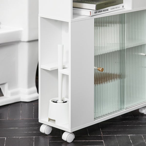 Weißes Badezimmerregal mit Rollen, Toilette und Bürste