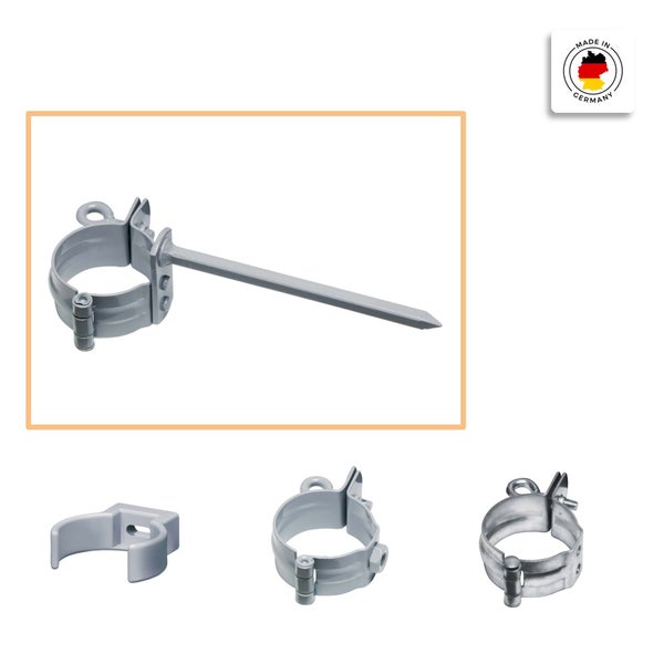 Rohrschelle mit Einschlagstift aus Metall, verschiedene Ausführungen und Siegel Hergestellt in Deutschland.