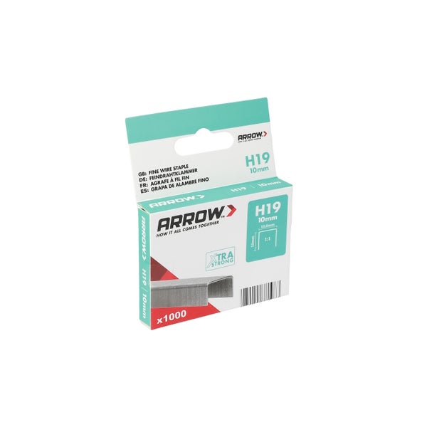 Packung mit 1000 Arrow H19 Feindrahtklammern, 10 Millimeter Länge.