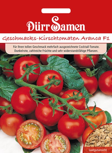Dürr Samen Logo, Saatgut für Geschmacks-Kirschtomaten Aranca F1 mit Abbildung von reifen Tomaten an der Rispe und einer Detailansicht der Samen.