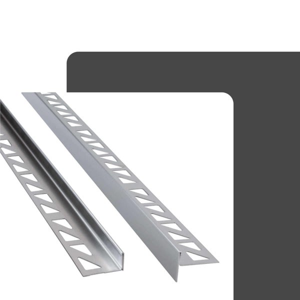 Silberfarbene Fliesenprofile in L-Form und quadratischer Form aus Aluminium für den Kantenabschluss.