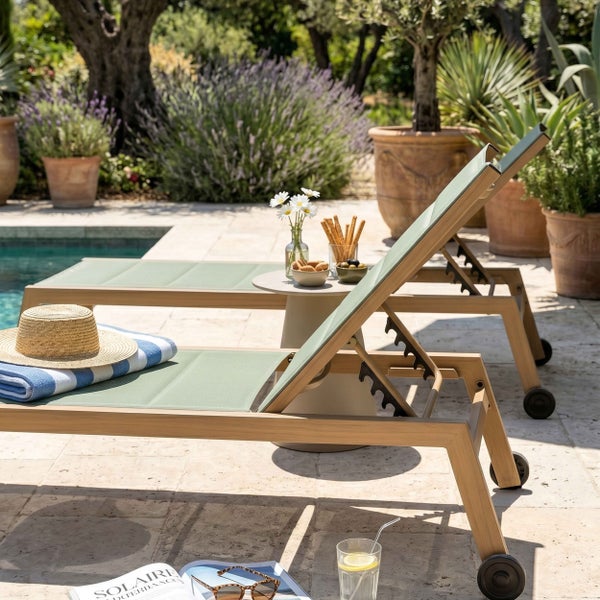 Zwei verstellbare Gartenliegen mit Rollen an einem Pool auf einer hellen Steinterrasse, umgeben von Pflanzen und mediterranem Flair.