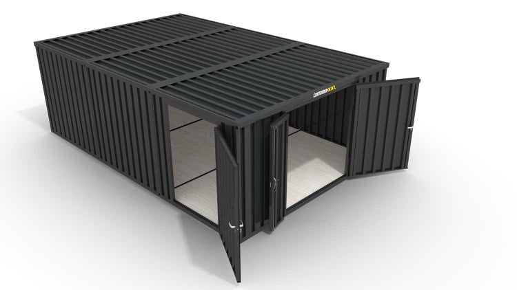 Lagercontainer Gerätehaus M3  – 18 qm, H2150 x B3050 x T6520 mm, Außenwandlackierung anthrazit, Dach außen verzinkt, mit Holzfußboden, 1830 mm Doppelflügeltür mittig in Stirnseite und 1270 mm Einflügeltür mittig in Modul C, montiert