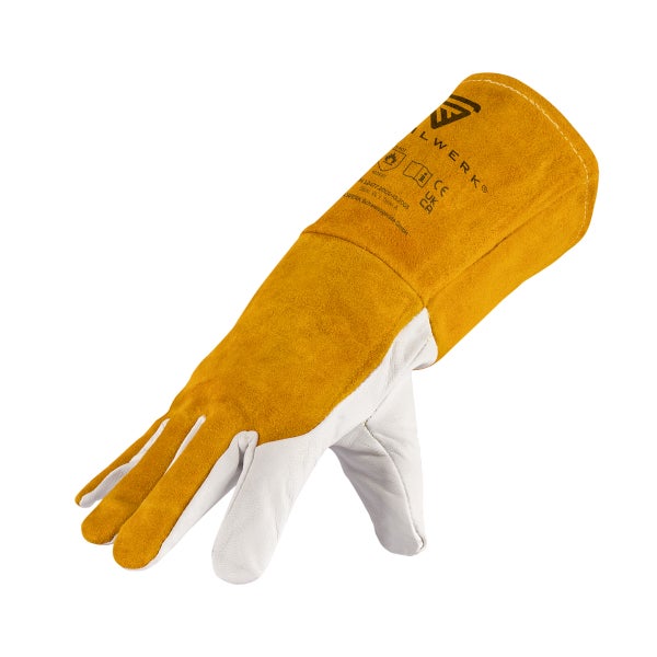 Langer Schweißhandschuh aus Leder mit Unterarmschutz, Hitzeschutzsymbolen und STAHLWERK Logo.