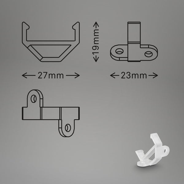 Maßzeichnung eines Kunststoff-Montageclips, Breite 27 Millimeter, Höhe 19 Millimeter, Tiefe 23 Millimeter.