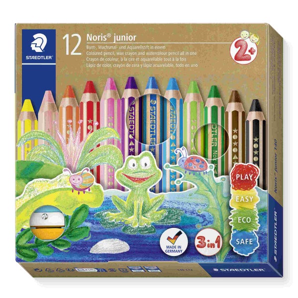 Staedtler Noris junior 3-in-1 Kindermalstifte, 12er-Set mit Spitzer, für Kinder ab zwei Jahren geeignet.