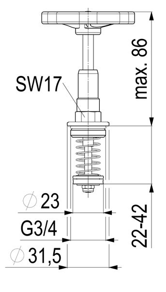 Technische Zeichnung, Ventil: maximal 86 Millimeter, 22 bis 42 Millimeter, Schlüsselweite 17, G 3/4 Zoll Gewinde, Durchmesser 23 und 31,5.