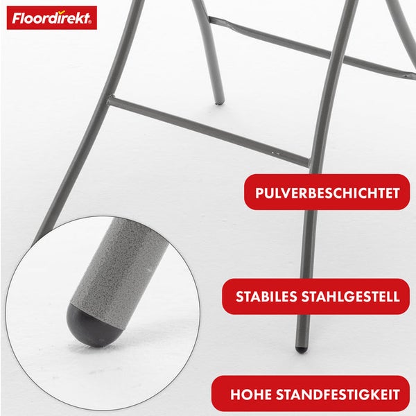 Floordirekt Logo. Detailansicht eines stabilen, pulverbeschichteten Stahlgestells mit hoher Standfestigkeit.