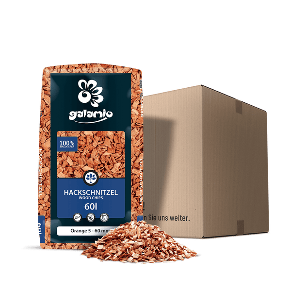 Galamio Hackschnitzel aus Waldkiefer, orange, 5 bis 60 Millimeter, 60 Liter Sack mit Versandkarton.