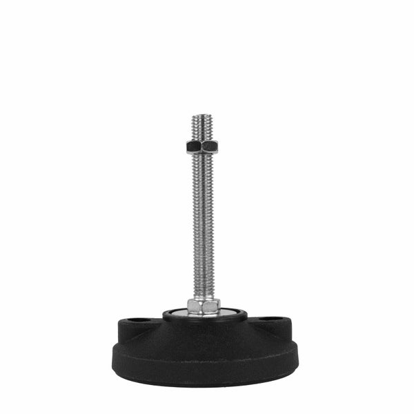 Stellfuß aus Kunststoff mit Gewindestange aus Metall und zwei Muttern für Maschinen oder Möbel.