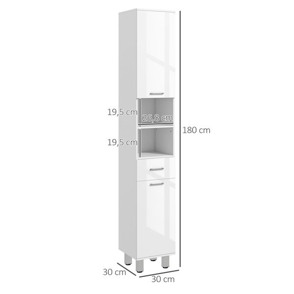 kleankin Badezimmerschrank schmal, Hochschrank Toilettenschrank mit Hochganlzweiß Schublade, Verstellbar Ablage und 2 offenen Fächern, für kleine Räume Badezimmer 30 x 30 x 180 cm Weiß