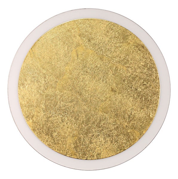 Runde Deckenleuchte mit strukturierter goldener Oberfläche und weißem Rand.