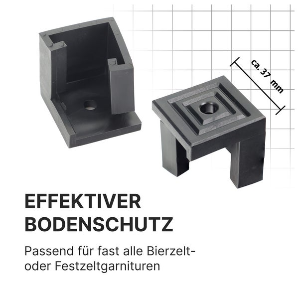 Bodenschoner für Festzeltgarnituren, passend für Tisch- und Bankbeine, Breite circa 37 Millimeter.