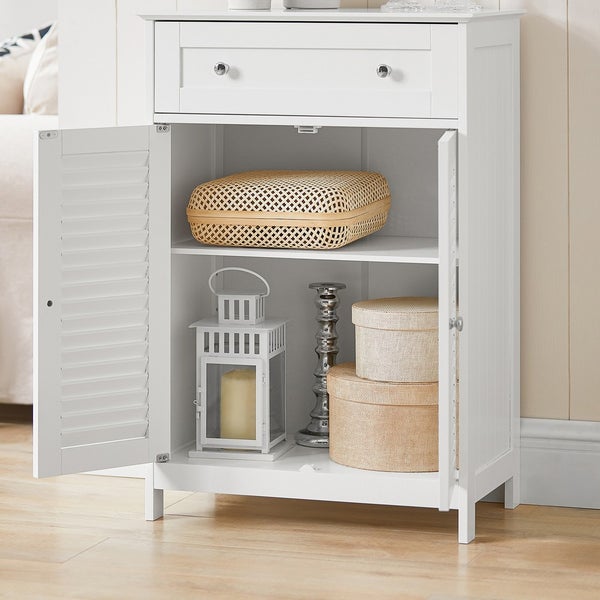 Weißer Badezimmerschrank mit Schublade und offenem Fach zur Aufbewahrung von Badartikeln