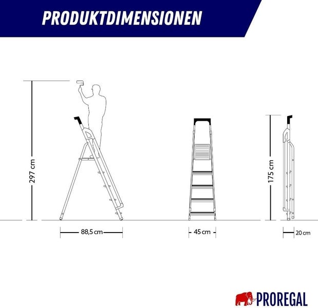 PROREGAL Stufenstehleiter ATLAS mit Werkzeugablage & Handlauf Economy Basic Einseitig Begehbar 5 Stufen Arbeitshöhe 2,97 m Traglast 150 kg