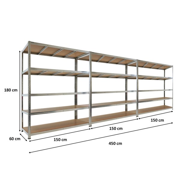 Schwerlastregal-Set aus drei Regalen mit je fünf Böden, verzinktes Metall und Holz, 180 Zentimeter hoch, 450 Zentimeter breit, 60 Zentimeter tief.