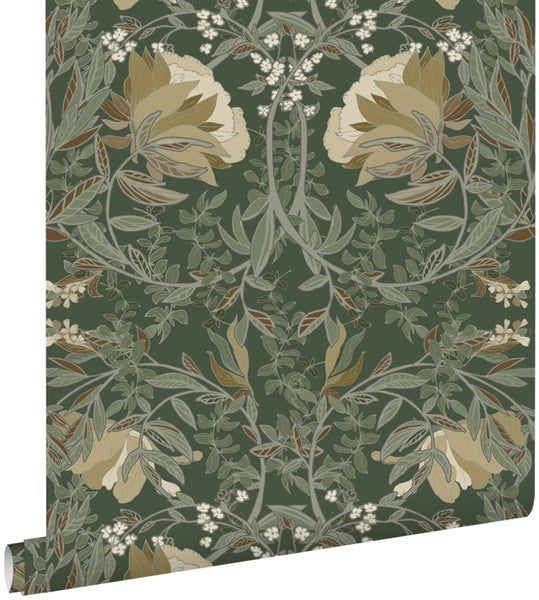 ESTAhome Tapete Blumenmuster im Jugendstil Dunkelgrün - 53 cm x 10.05 m - 139420