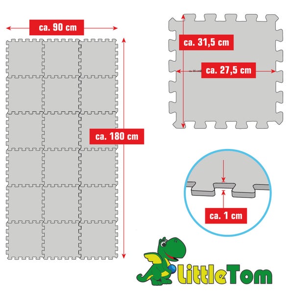 Maßskizze der LittleTom Schaumstoff-Puzzlematte. Gesamt circa 90 mal 180 Zentimeter. Einzelteil circa 31,5 mal 27,5 mal 1 Zentimeter. LittleTom Logo.