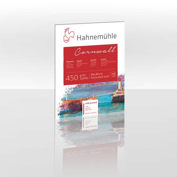 Hahnemühle Cornwall Aquarellblock, 450 Gramm pro Quadratmeter, 36 mal 48 Zentimeter, 10 Blatt, matt, hochweiß, säurefrei.