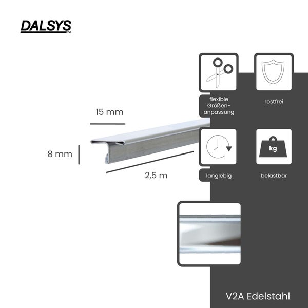 DALSYS Logo, Edelstahlprofil V2A, 15 Millimeter mal 8 Millimeter mal 2,5 Meter, rostfrei, langlebig, belastbar, flexible Größenanpassung.