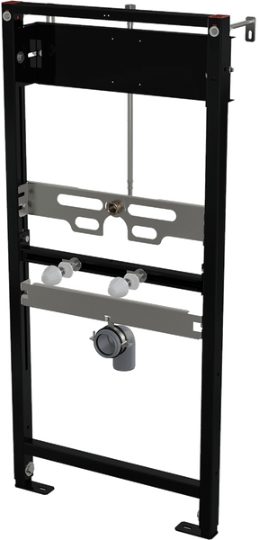Vorwandelement für Waschtisch aus Metall mit Abflussrohr und Montageschienen.