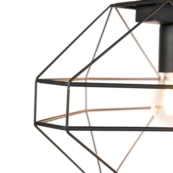 Detailansicht einer schwarzen Draht-Deckenleuchte