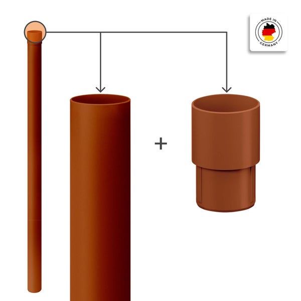 Kanalgrundrohr Abwasserrohr aus braunem Kunststoff mit passender Doppelmuffe, hergestellt in Deutschland.