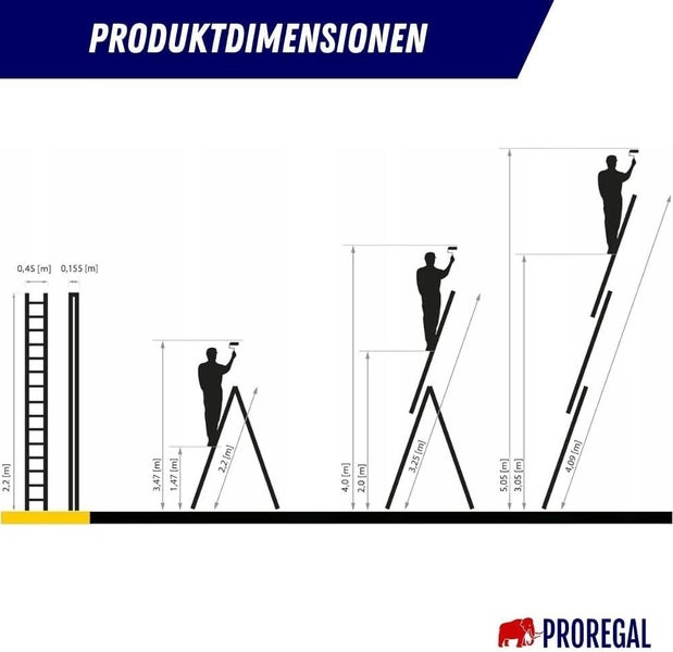 PROREGAL Sprossen-Mehrzweckleiter Economy Plus 3-Teilig mit Traverse 3 x 8 Sprossen Arbeitshöhe 5,05 m Traglast 150 kg