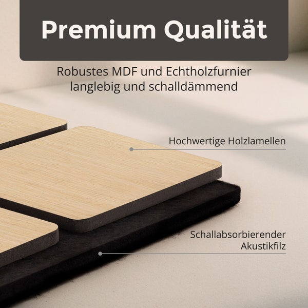 Akustikpaneel-Detailansicht mit Holzlamellen aus mitteldichter Holzfaserplatte und Echtholzfurnier auf schallabsorbierendem Akustikfilz.
