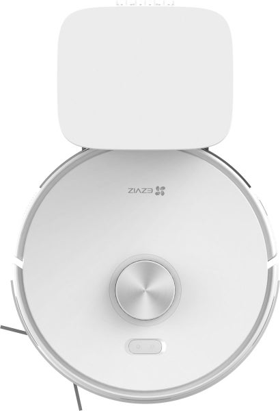 Weißer EZVIZ Saugroboter mit Ladestation in der Draufsicht.