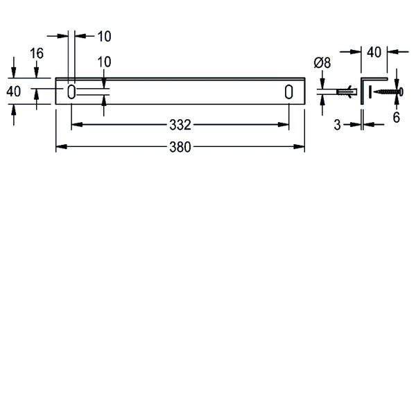 Maßzeichnung einer Montageleiste mit einer Länge von 380 Millimetern, einer Höhe von 40 Millimetern und 332 Millimetern Lochabstand.